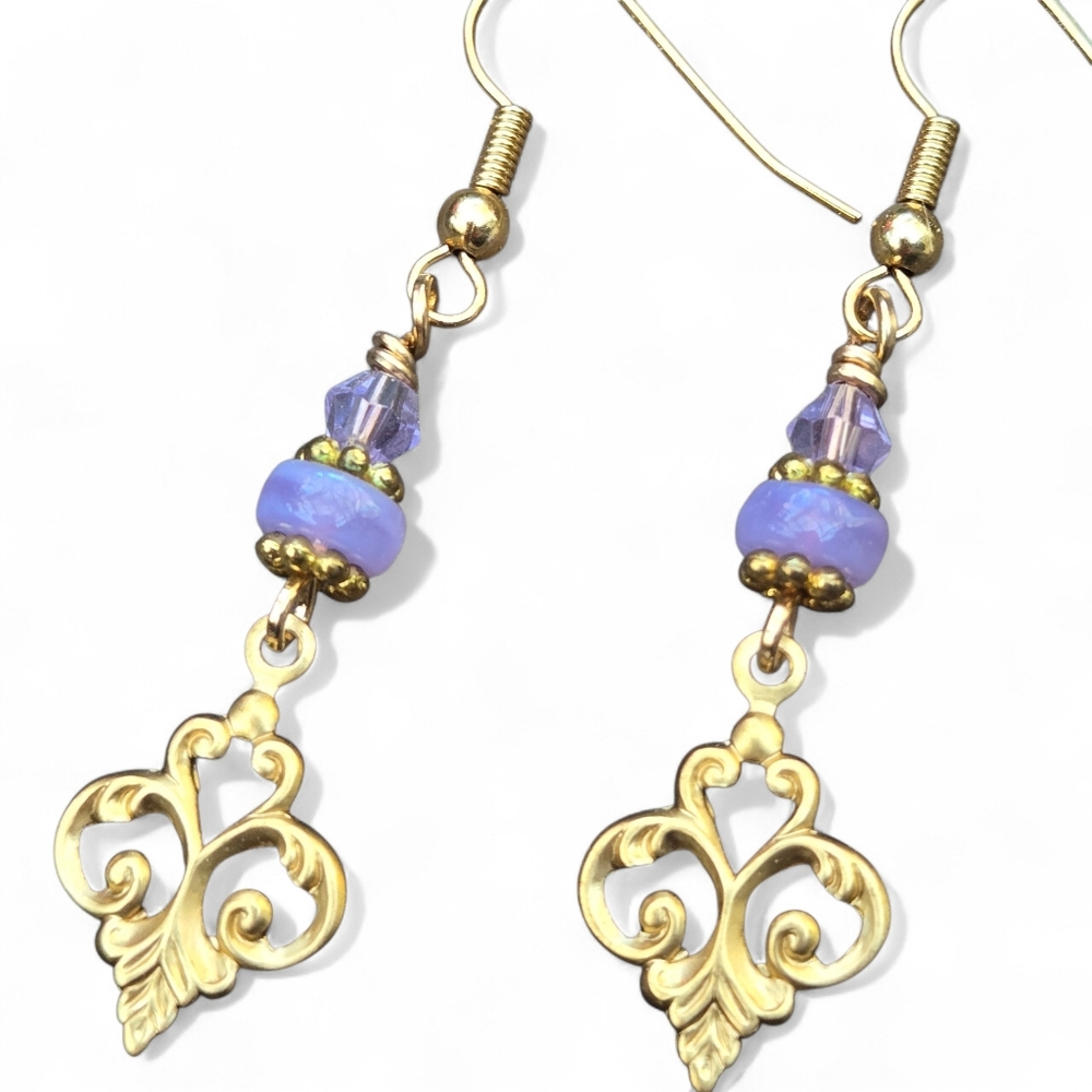 Swarovski Light Amethyst Purple And Antique Scroll Earrings NEW 2" Gold Brass